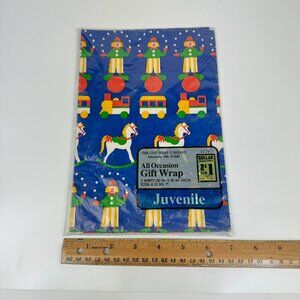 Vtg Child Gift‎ Wrap Company Paper Blue Clowns Trains Horses 2 Sheets in Pack